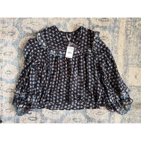 Free People Jenna Printed Cotton Boho Ruffle Blouse in Night Combo Small NWT - Picture 2 of 6